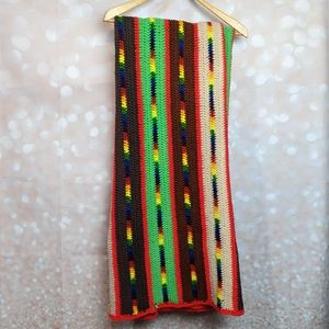 Vintage Granny Blanket Hand Knit Rainbow Red Brown Tan Green Cottage Core